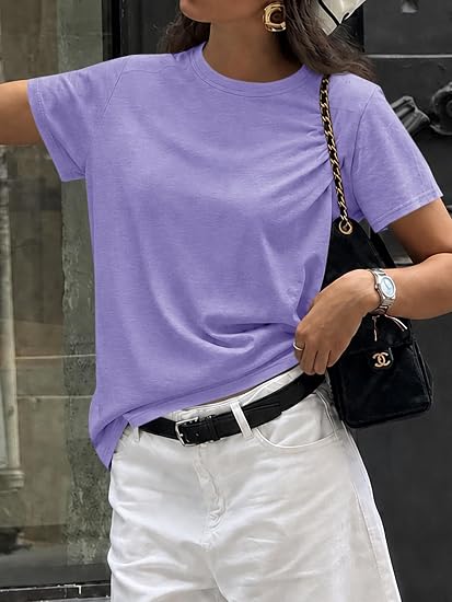 Womens Summer Short Sleeve T-Shirts Trendy Casual Crew Neck Tops Loose Fit Basic Tees