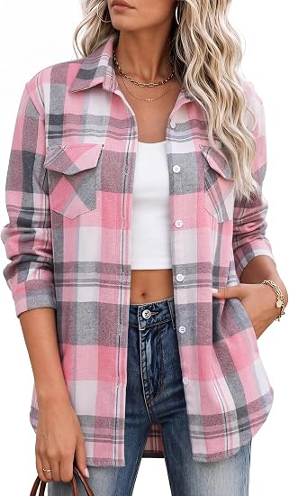 Flannel Shirt Women Plaid Button Down Shackets Long Sleeve Fall Tops | Cotton Brushed Flannel Shirts Lightweight Loose Fit Blouse Business Casual Office Outfits 2026 Fashion Summer Western Clothes