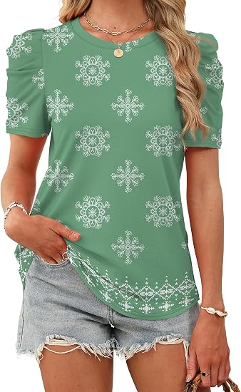 Women Puff Sleeve Crewneck T Shirts Dressy Casual Blouses Spring Outfits Fashion Clothes